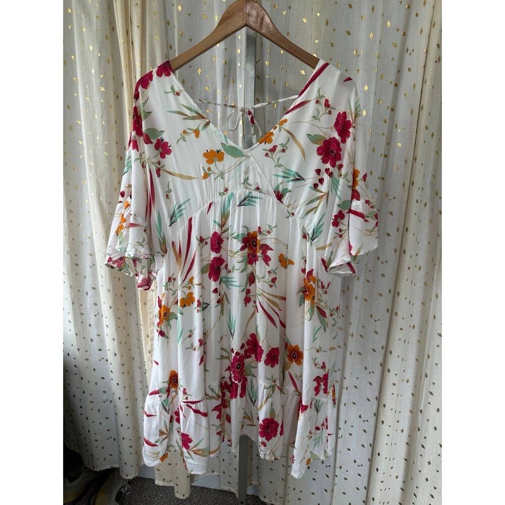 NWT Kori America Floral Flutter Sleeves Tiered Flounced Hem Baby Doll Dress L